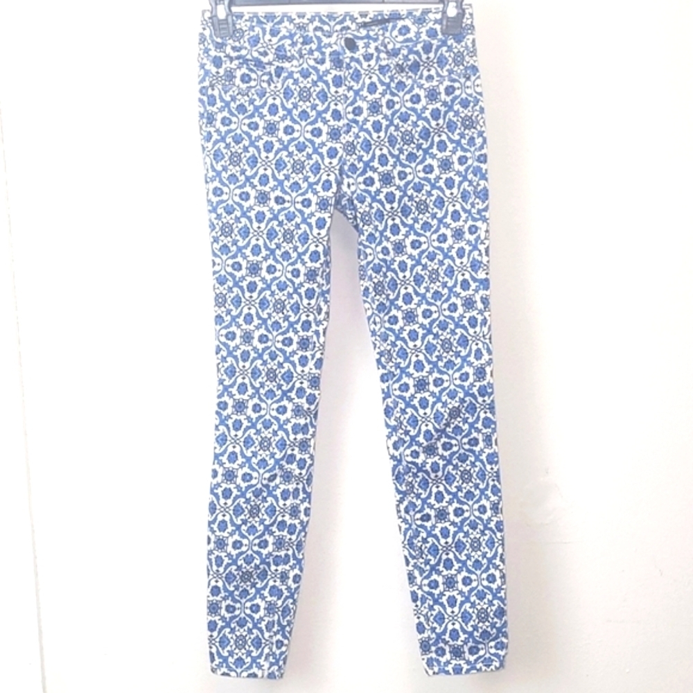 Zara Pants Mid Rise Skinny blue print on white Slimming Classic Cigarette Preppy